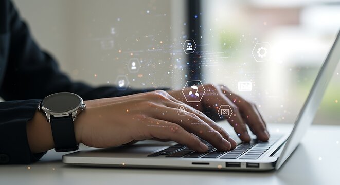 Person typing on laptop with digital icons hands smartwatch - Powered by Adobe