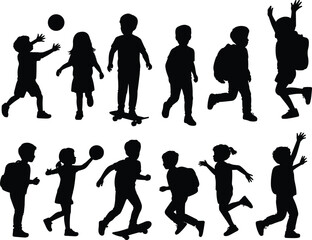 Silhouette of children playing, running, jumping, walking, with ball, backpack, skateboard, active kids, flat vector.eps