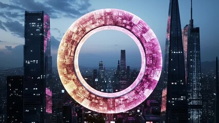 Abstract Pixelated Donut Shape in Front of Illuminated Skyscrapers at Dusk Futuristic Urban Landscape - Powered by Adobe