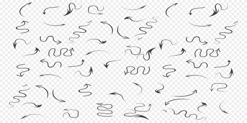 Infographic elements on isolated white background. Hand drawn simple arrows. Line art. Set of different pointers. Abstract indicators. Black and white illustration.