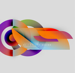 Abstract colorful shapes overlap, creating dynamic visual effect. Gradient hues blend, forming modern design element. Light gray background provides contrast.