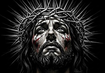 Suffering Christ with thorny crown and blood