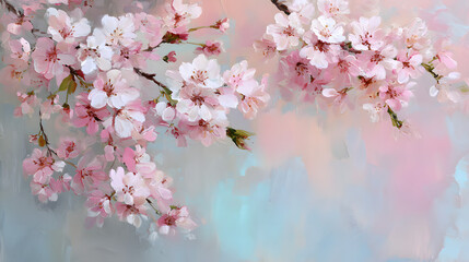 Fototapeta premium Delicate Pink Cherry Blossom Branches with Soft Pastel Background in an Impressionistic Style