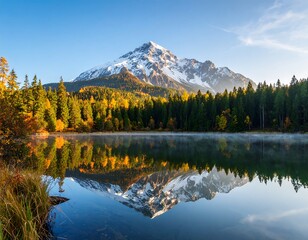 Obraz premium Mountain lake autumn sunrise reflection