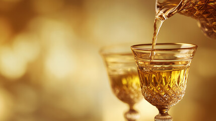 Elegant still life of crystal wine glasses with golden liquid captured in soft lighting.