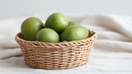 Fresh green avocados in a woven basket resting on a soft cloth background in natural light.