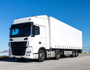 A white semi-truck on a highway against a clear blue sky