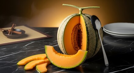 Luxury Japanese Yubari King Melon on a Marble Table