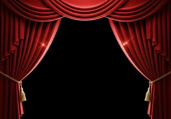 Luxurious velvety red curtains framing a dark space for stage performance or dramatic reveal
