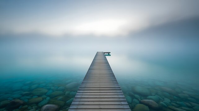 Long wooden pier disappearing into misty fog over tranquil turquoise water dock jetty - Powered by Adobe