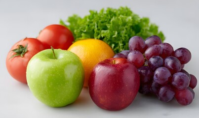Close-up of assorted fresh fruits and vegetables on a clean white background, including ripe tomatoes, bell peppers, oranges, apples, grapes, and leafy greens