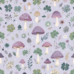 Whimsical Purple Mushroom and Floral Pattern Seamless Wallpaper