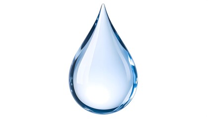 A single, teardrop-shaped water droplet against a white background, showcasing its translucency and light refraction