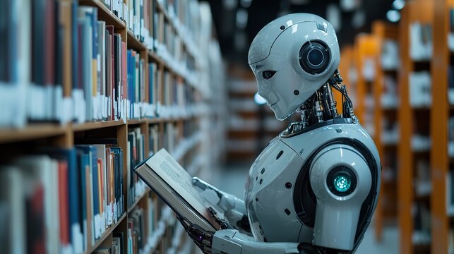 Robotic librarian gripper arm, book spine, subtle dust, precise movement.