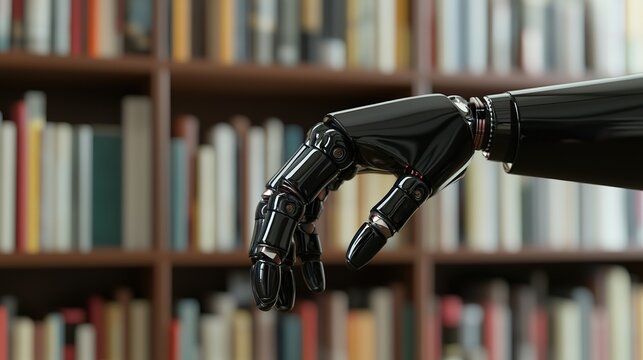 Robotic librarian gripper arm, book spine, subtle dust, precise movement.