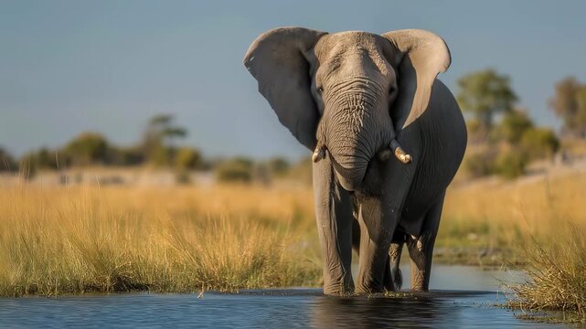 African elephant (loxodonta africana) standing at edge of savuti marsh waterhole in chobe national park, botswana, africa