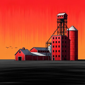 Red barns and silos against a bright orange and red gradient sky with birds flying in the distance