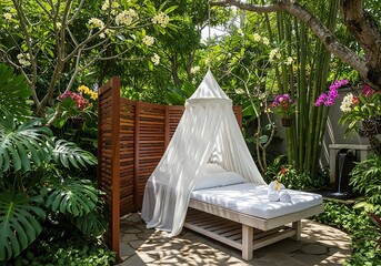 Serene outdoor daybed sanctuary amidst lush tropical foliage and cascading water feature offers