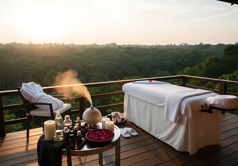Serene outdoor spa retreat overlooking lush greenery for relaxation and wellness therapy