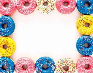 Colorful donuts with sprinkles arranged in a rectangular frame on a white background.