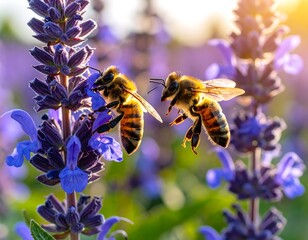 Fototapeta premium Two bees on a lavender flower (1)