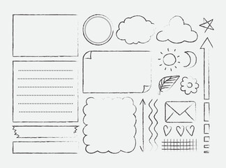 Bullet journal hand drawing elements for notebook, diary. Outline doodle on gray background. Text box, notepad, bubble, text balloon, letter, banner, arrow, heart, sun, moon, flower, digital stickers,