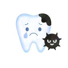 Sad Tooth with Cavity and Smirking Germ – Watercolor Style Dental Character Illustration