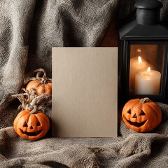Halloween party invitation card mockup, kraft card on fabric texture, glowing candles and jack-oâ€™-lantern pumpkins beside