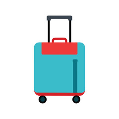 A flat design illustration of a turquoise rolling suitcase with red accents and a black telescopic handle on a white background.