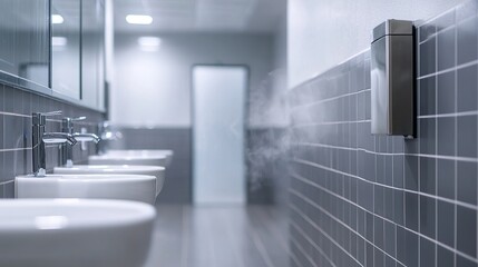 Obraz premium Self-cleaning public restrooms sanitization nozzle, fine mist, subtle steam, clean surface