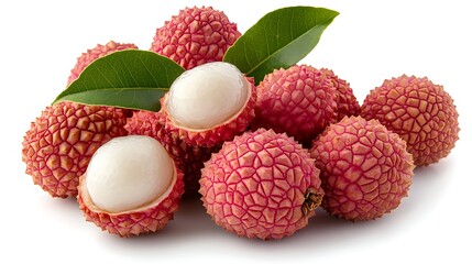 Pile of Lychee Fruits with Green Leaves, Showing Peeled White Flesh on White