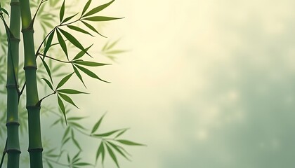 Fototapeta premium Closeup of green bamboo stalks and leaves with a soft, blurred background