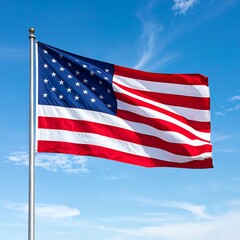 American flag billowing in a clear blue sky