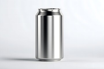 A single unlabeled silver aluminum can stands upright on a white surface in a studio setting