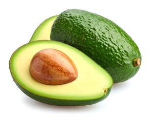 A whole avocado and a halved avocado with a visible pit, set against a white background