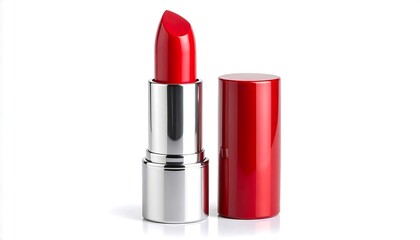 Obraz premium A single tube of vibrant red lipstick with its cap removed and placed to the side, shown against a stark white background