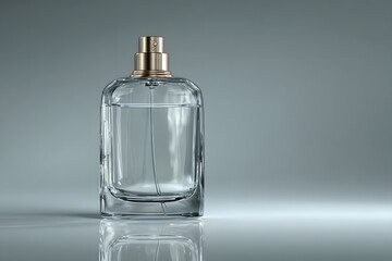 A clear glass perfume bottle with golden nozzle on a reflective surface against a gray background
