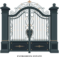 A detailed digital illustration depicting an ornate black and gold wrought iron gate for a luxury estate entrance.