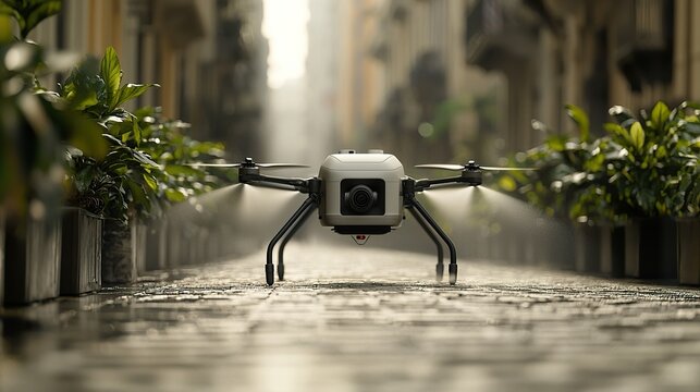 Self-driving urban cleaning drone spraying disinfectant in public spaces, hygienic city, automated sanitation