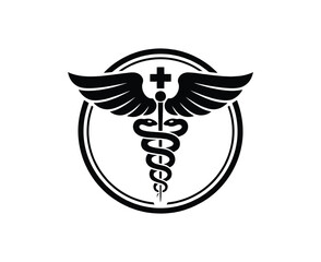 A modern logo design featuring the medical caduceus symbol. Vector icon for healthcare and pharmacy.