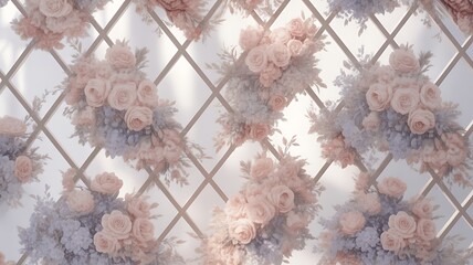Repeating Pattern of Soft Pink and Blue Flowers on a White Lattice floral pattern roses