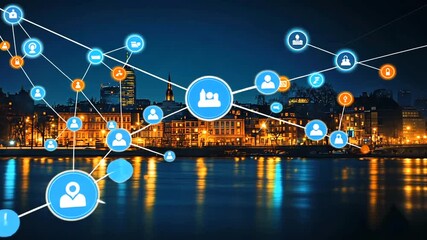 Connected world concept with city skyline and social network icons overlay - Powered by Adobe