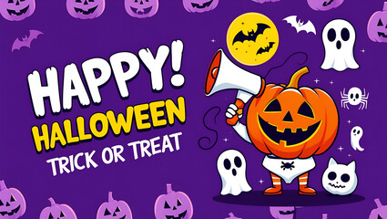 Happy Halloween Trick Or Treat Cartoon Pumpkin Ghost Bat moon