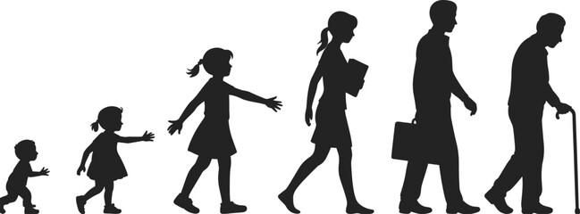 Human life evolution stages from baby to old age, male and female silhouette timeline, growing up concept, flat vector illustration.eps