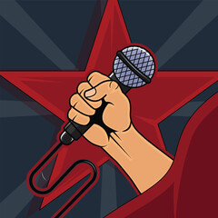 Fist gripping a microphone vector illustration template graphic design. Singing and Performance Voice and Music Public Speaking for entertainment concept with beautiful cartoon style