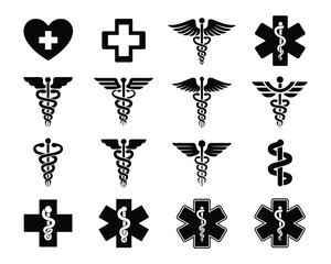 Medical healthcare symbols, vector icon set featuring caduceus, medical cross, heart, and emergency star of life for hospital branding, healthcare services, first aid, and medical communication design