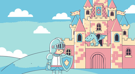 Cute cartoon tooth knight with a shield and a friendly dragon at a pink fairytale dental castle.