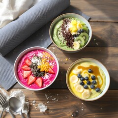 Top view of three colorful smoothie bowls with fresh fruit toppings on rustic wooden table, representing healthy breakfast, clean eating, and vibrant plant-based nutrition