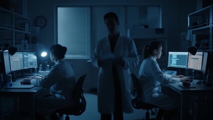 Scientists Working Late: Research Lab Night Shift, Data Analysis, Teamwork - Powered by Adobe