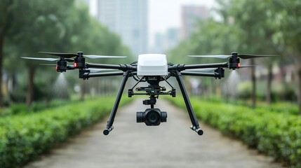 Self-driving urban cleaning drone spraying disinfectant in public spaces, hygienic city, automated sanitation